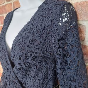 Lulu's Dress Navy Blue Crochet Lace Flounce Sleeve Mini